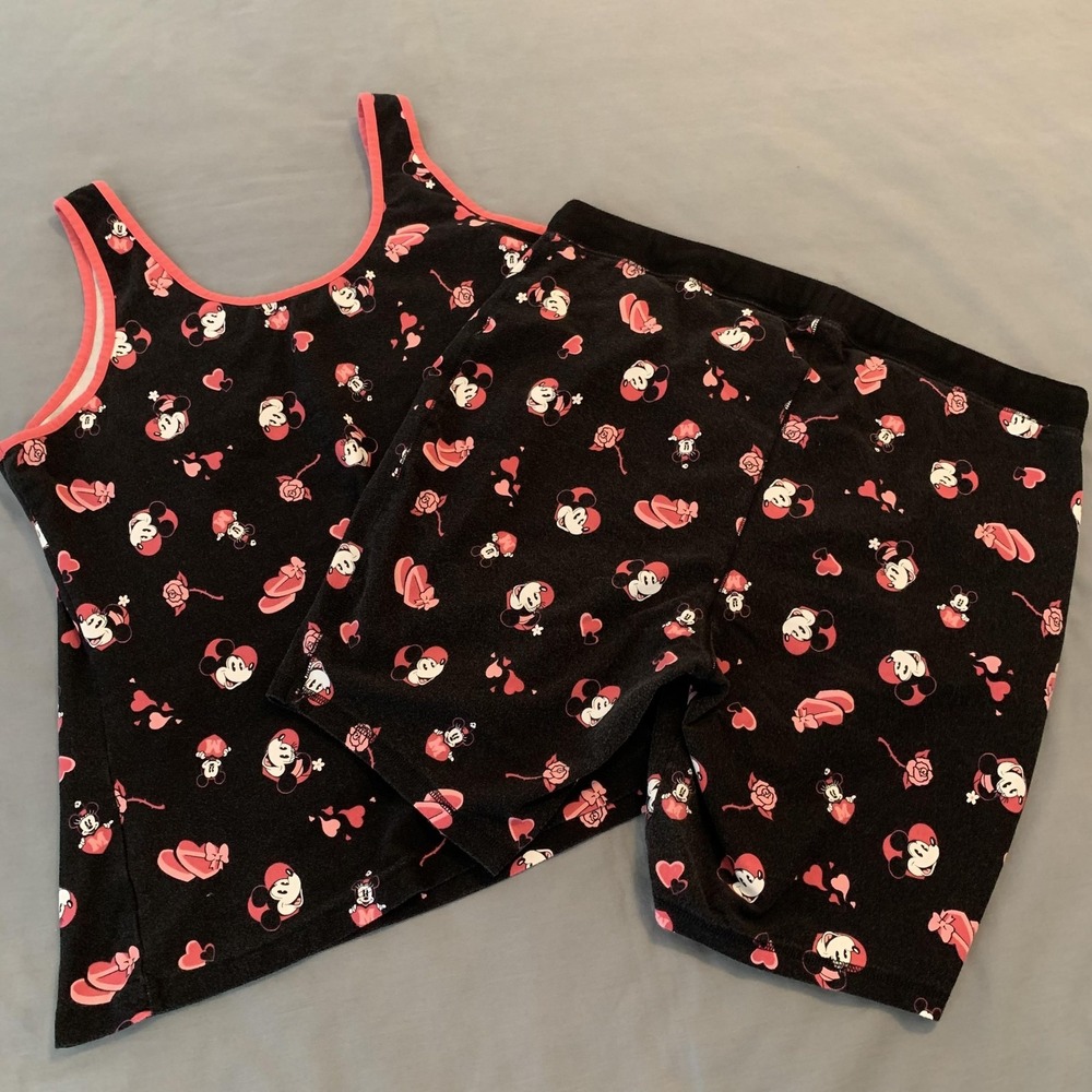 Disney Minnie Mouse Pajama Set Womens 2 Black Pink Tank Top Shorts Sleepwear - Picture 9 of 10